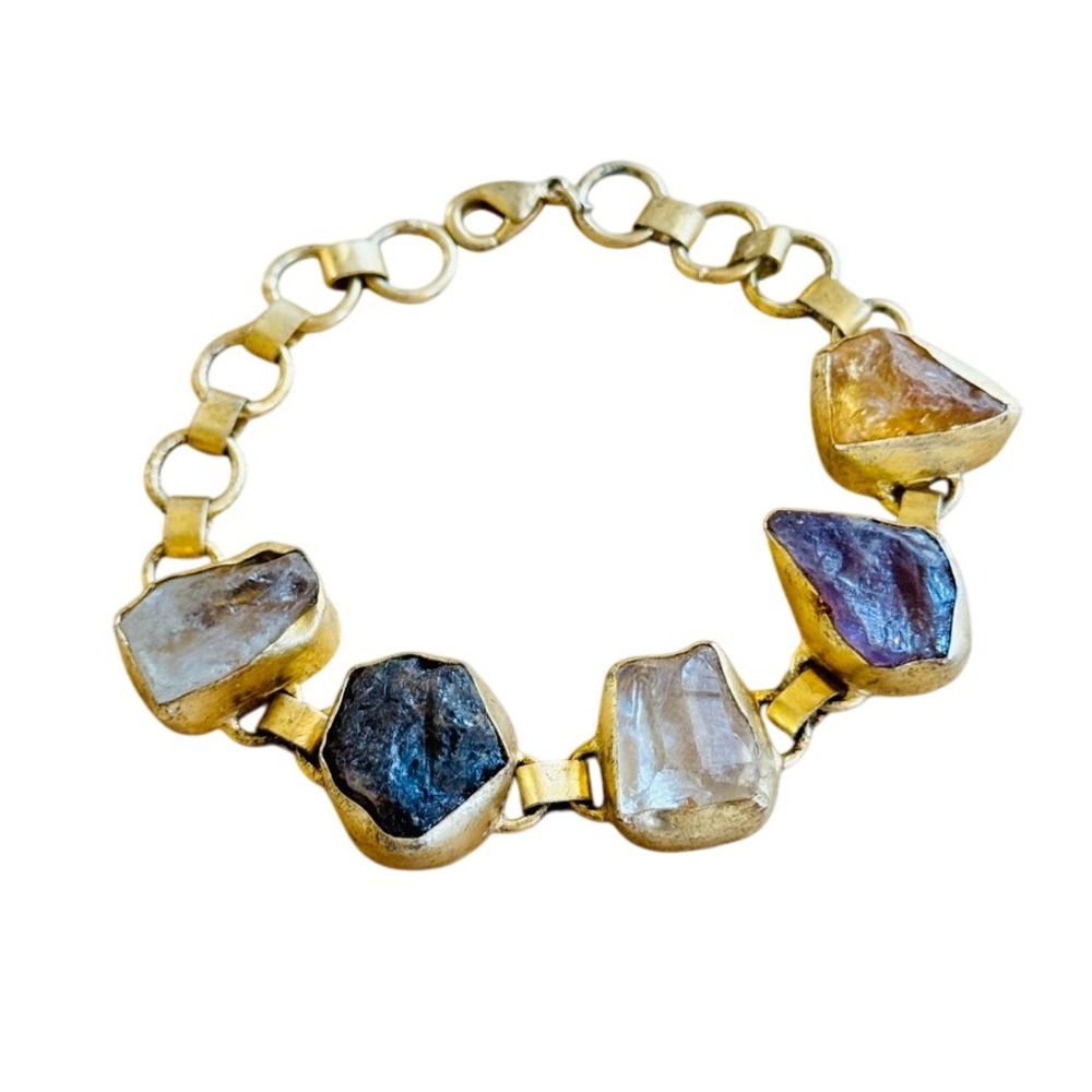 VTG Brutalist Stone Bracelet Sculptural Brass Mod Textured Quartz Onyx Amethyst